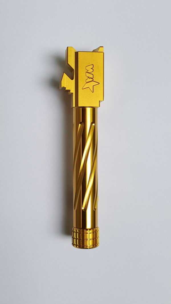 Wheaton Arms Spiral Fluted Barrel, Threaded, Gold, Fits Glock 19 Gen 15